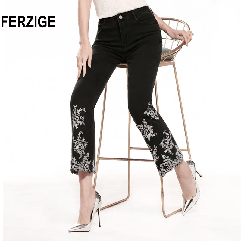 

FERZIGE women jeans high waist stretchy black embroidered flares denim pants mom jeans ladies trousers vaqueros mujer size 36
