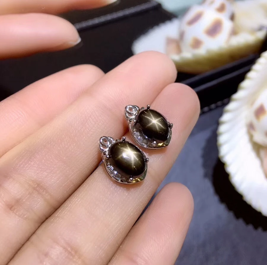 Natural black Star Sapphire gem stud earrings 925 silver natural