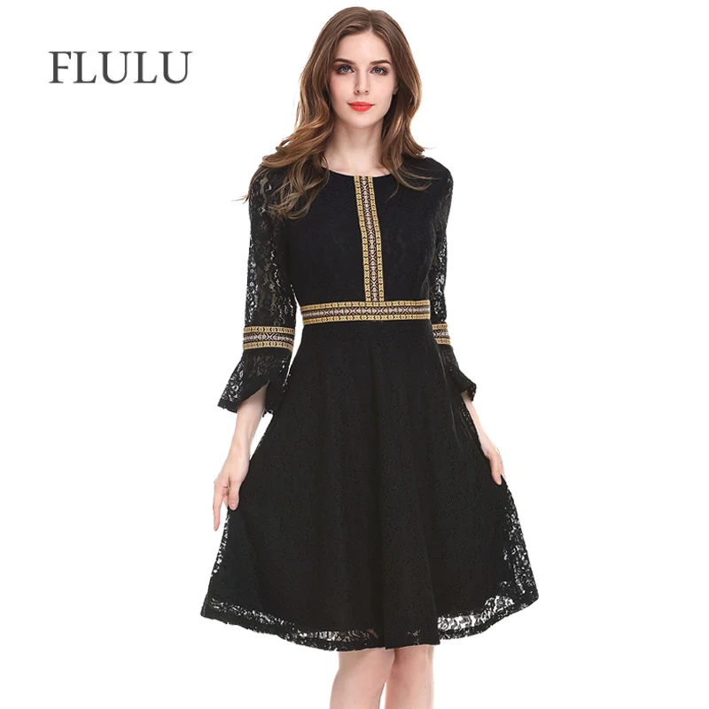 FLULU Autumn Women Dress 2018 Fashion Elegant Hollow Out Print Lace Dress Female Vintage Streetwear Party Dresses Plus Size 3XL