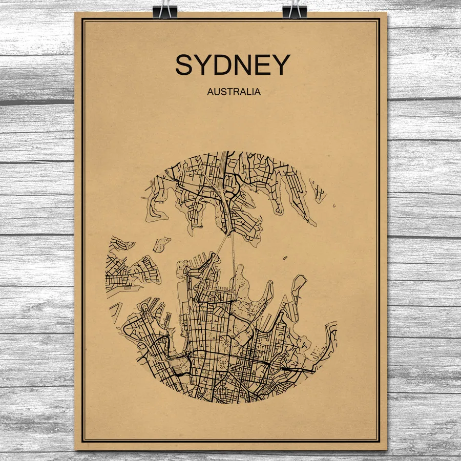 Australia Sydney Kraft Paper World City Map Vintage Retro Poster Wall Art Sticker Antique