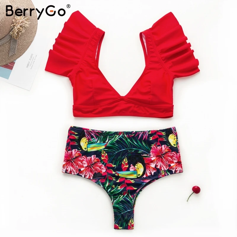 BerryGo Vintage print two pieces women bra sets Deep v ruffles high waist bathing suit swimwear Push up sexy elegant lingerie