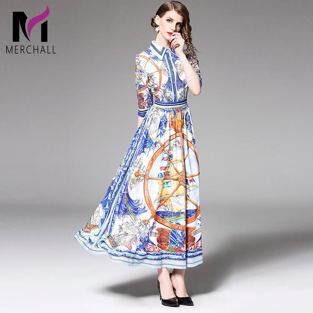 

2019 Fashion Runway Steamship Sea Pattern Print Summer Maxi Dress Women's Half Sleeve Turn Down Collar Big Swing Long Dress