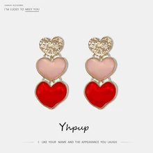 Yhpup Fashion Sweet Brand Za Zinc Alloy Heart Dangle Earrings Geometric Enamel Pink Charm Earrings for Women Party Pendants Gift