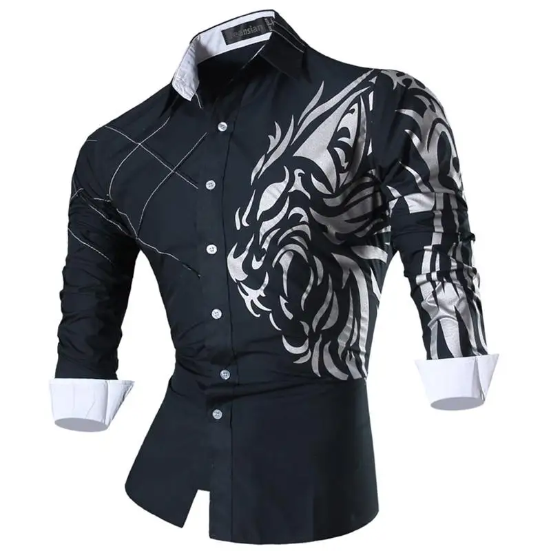 

Jeansian Men's Fashion Dress Casual Shirts Button Down Long Sleeve Slim Fit Designer Tattoo Lion Z030 Navy2