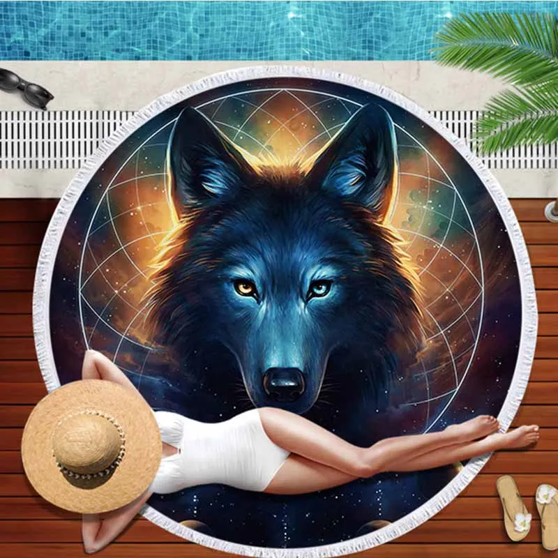 

Lannidaa Animals Wolf Microfiber Round Beach Towel For Adults Sport Travel Portable Tassels Gym Beach Towels Tapestry Yoga Mat