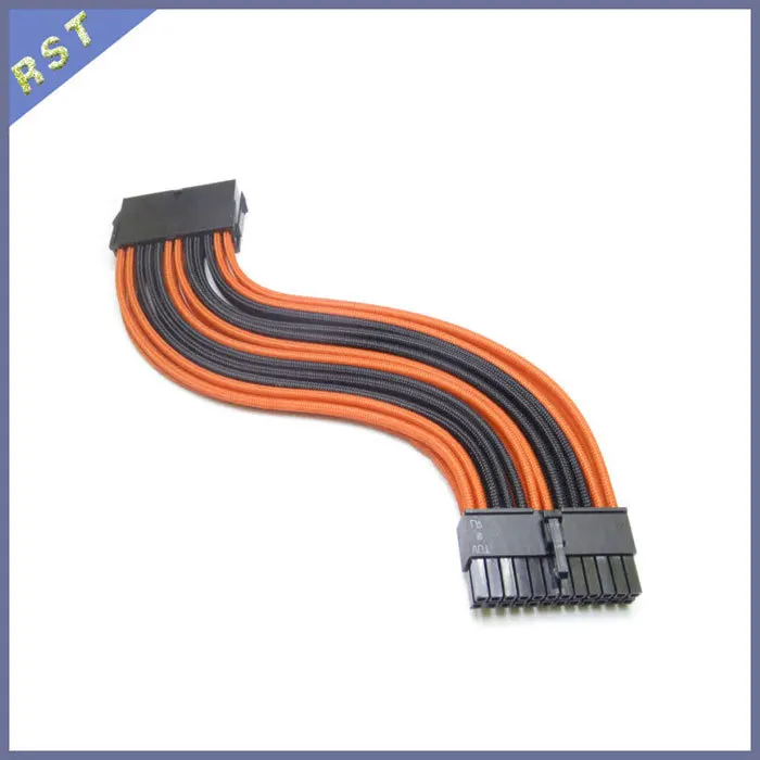 Black & Orange Braid Sleeved 24 Pin PSU Power Extention Cable 30cmin