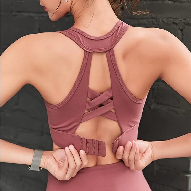 

Sexy Backless Cross Straps Sports Bras Yoga Bra Gym Fitness Gather Brassiere Running Shockproof Sports Underwear Women's Top