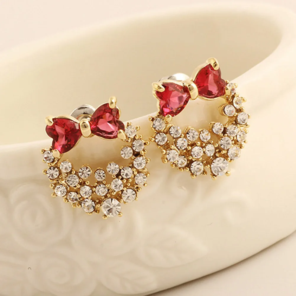 1 Pair High Quality Rhinestone Fashion Shine Bow Crystal Earrings