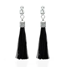 Chadestinty vintage borla brincos para mulher antigo longo clipe de ouvido preto branco tecido seda franja manguito earings