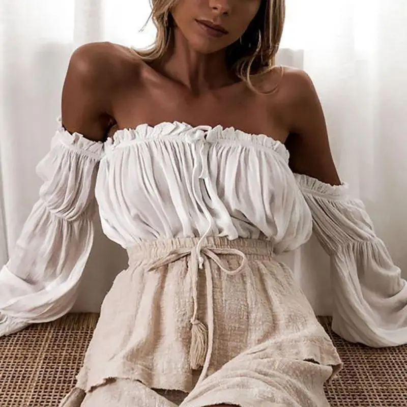 

Women Sexy Off Shoulder Tshirt Solid White Color Long Sleeve Crop Top Lace Up T shirt Sexy 2019 Fashion European and American