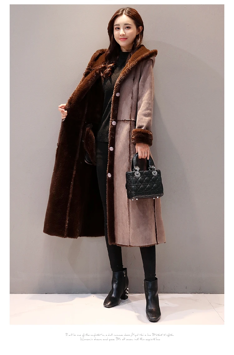 Women lambs wool coat female medium long thick warm shearling coats leather Jackets Hooded autumn winter female outerwear
