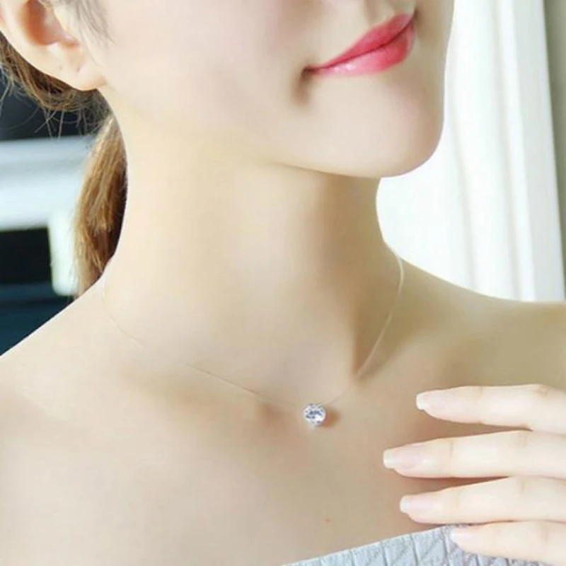

MJARTORIA Necklace Women Invisible Transparent Fishing Line round Rhinestones Pendant Necklaces Fashion Jewelry Collier Femme