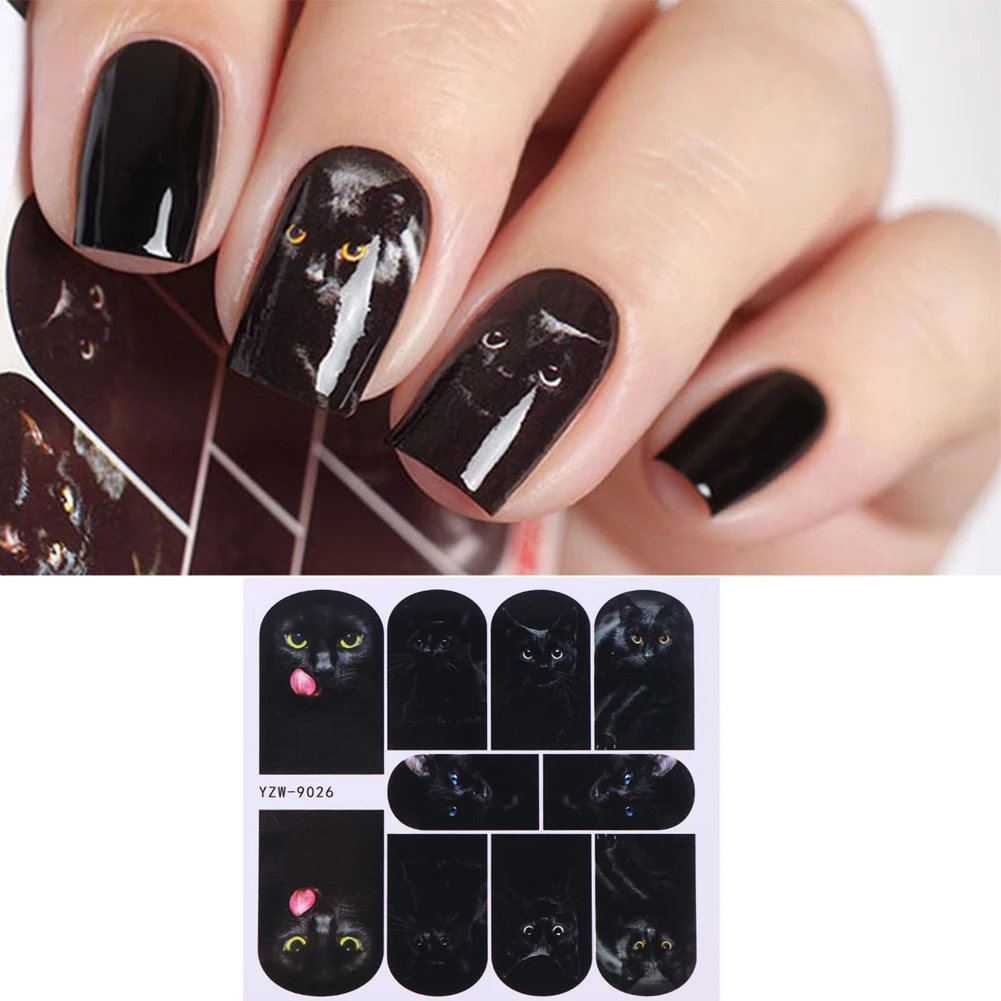 

Gothic Punk Style Cool Nail Sticker Decals Decoration DIY Nail Art Mysterious Black Cat Pattern 1 Sheet (black)