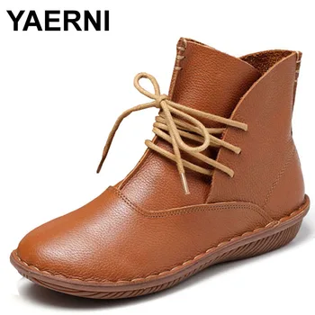 

YAERNI 2017 Full Grain Leather Fashion Boots Women Shoes Lace-Up Handsewn F06