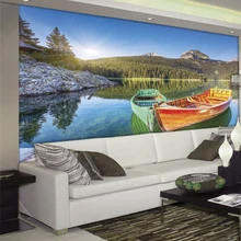 Пользовательские 3D печать ткани и текстильные обои для фотообои пейзаж матовый шелк для гостиной лес Небо озеро лодка горы