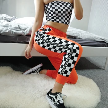 

NCLAGEN 2018 New Women Checkerboard Trouser Loose Plaid Pencil Pants Spring Autumn Side Zipper Orange Elastic Waist Fashion Pant