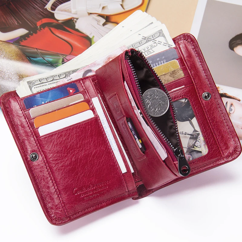 Goede Contact s Nieuwe Lederen Portemonnee Voor Vrouwen Vintage Merk Kleine Korte Dames Portemonnee Rits Pocket Coin Organizer Portefeuilles Rood