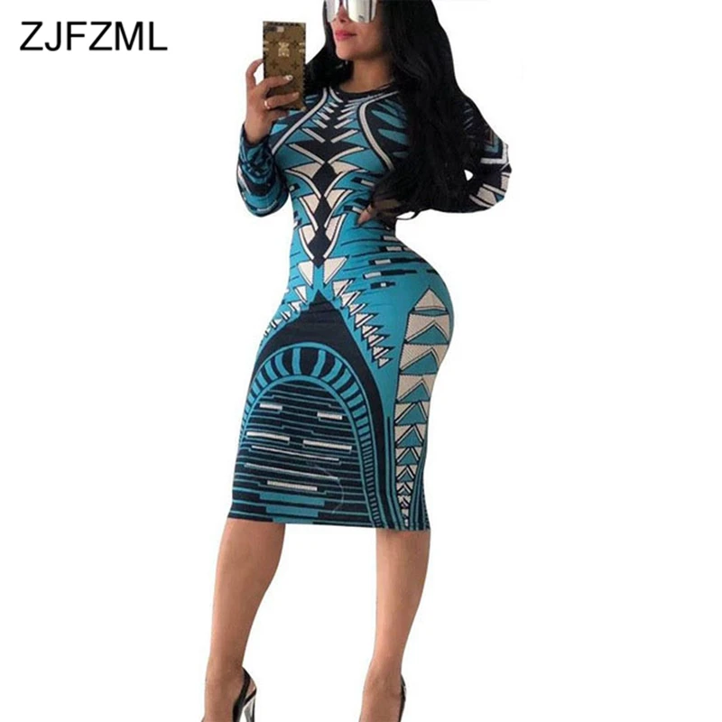 Acheter ZJFZML impression colorée robe crayon Sexy femmes encolure dégagée à manches longues Club fête robes élégantes Slim Fit genou longueur robes