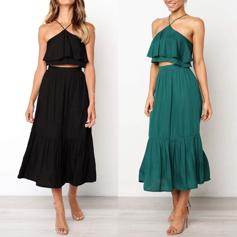 

Two Piece Set 2 Piece Set Women Summer Ruffled Haletr Neck Crop Top And Skirt Set Matching Sets Woman Solid Two Pieces Outfits