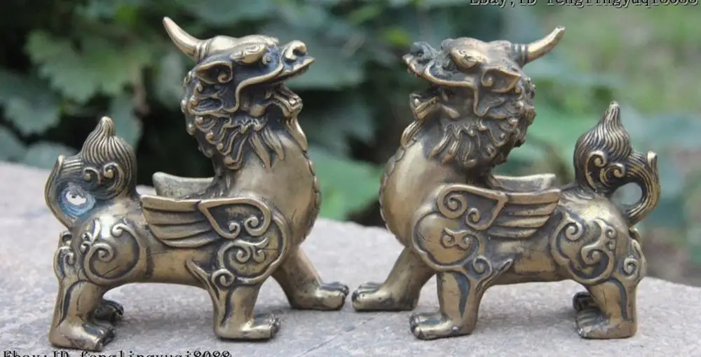 

Chinese Fengshui Animal Copper Brass Wing Kylin Foo Dog Lion Unicorn Statue Pair