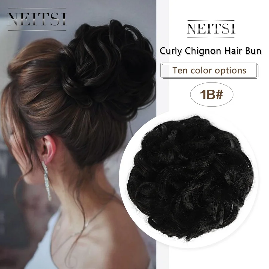 

Neitsi Women Curly Chignon Hair Bun for Brides Synthetic High Extensions Ponytail Hair Bundles Hairpieces Hair Buns 1B#