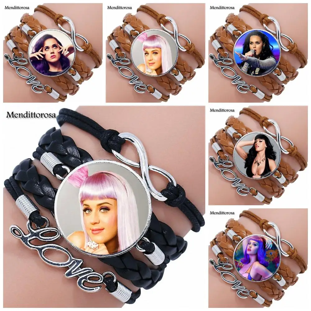 

Fasmous Brand Jewelry With Glass Cabochon Multilayer Black/Brown Leather Bracelet Bangle For Christmas Gift Katy Perry