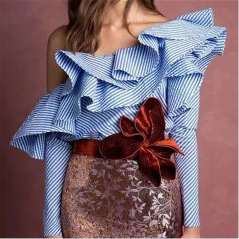

One Off Shoulder Ruffles Blouse Shirt Women 2017 Fall Sexy Blue Striped Shirt Long sleeve Cool Blouse Blusas Short Tops W04