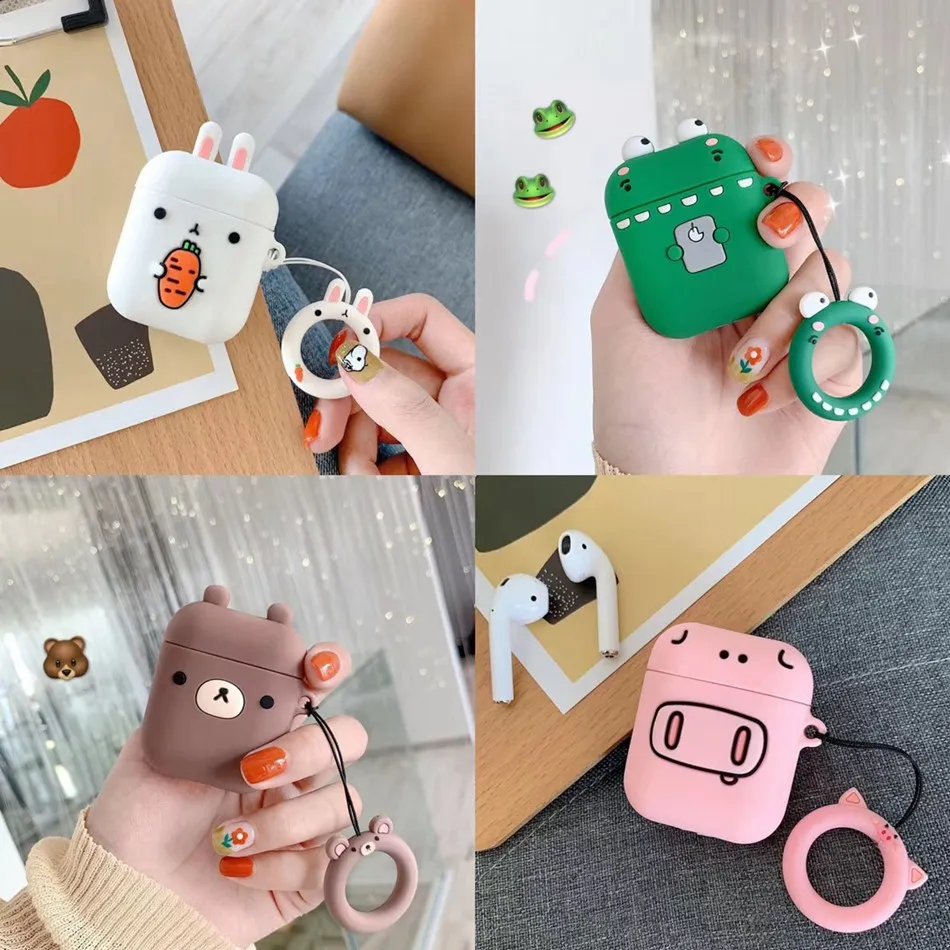 

For AirPods Case Cute Cartoon Crocodile Rabbit Earphone Case For Apple Airpods 2 Silicone Protect Cover with Finger Ring Strap