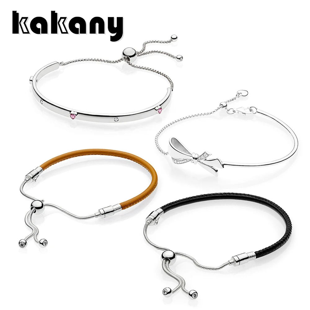 

KAKANY 100% 925 Sterling Silver EXPLOSION OF Lovers Jewelry BRILLIANT BOW MOMENTS Golden Tan Leather Sliding BLACK LEATHER