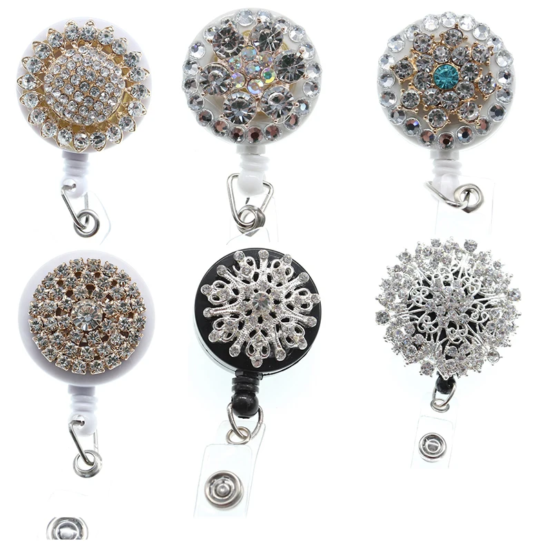 rhinestone bead Flower Retractable ID Name card Badge holder Reel yoyo