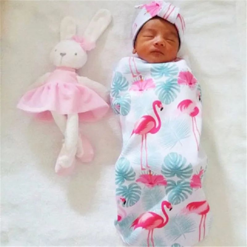 Фламинго печатных спальный мешок для новорожденных унисекс хлопок Одеяло пеленать Обёрточная бумага Пеленание спальный мешок + повязка 2