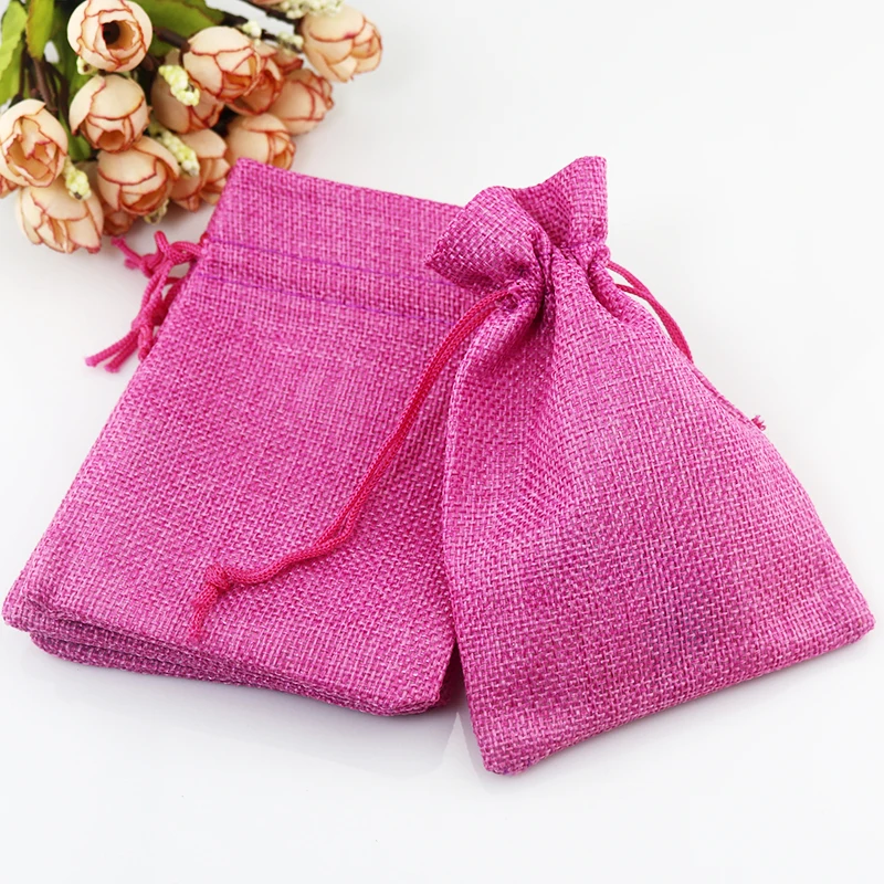 10pcs Lot 7x9cm Small Linen Bag Hot Pink Jute Bags Jewelry Gift