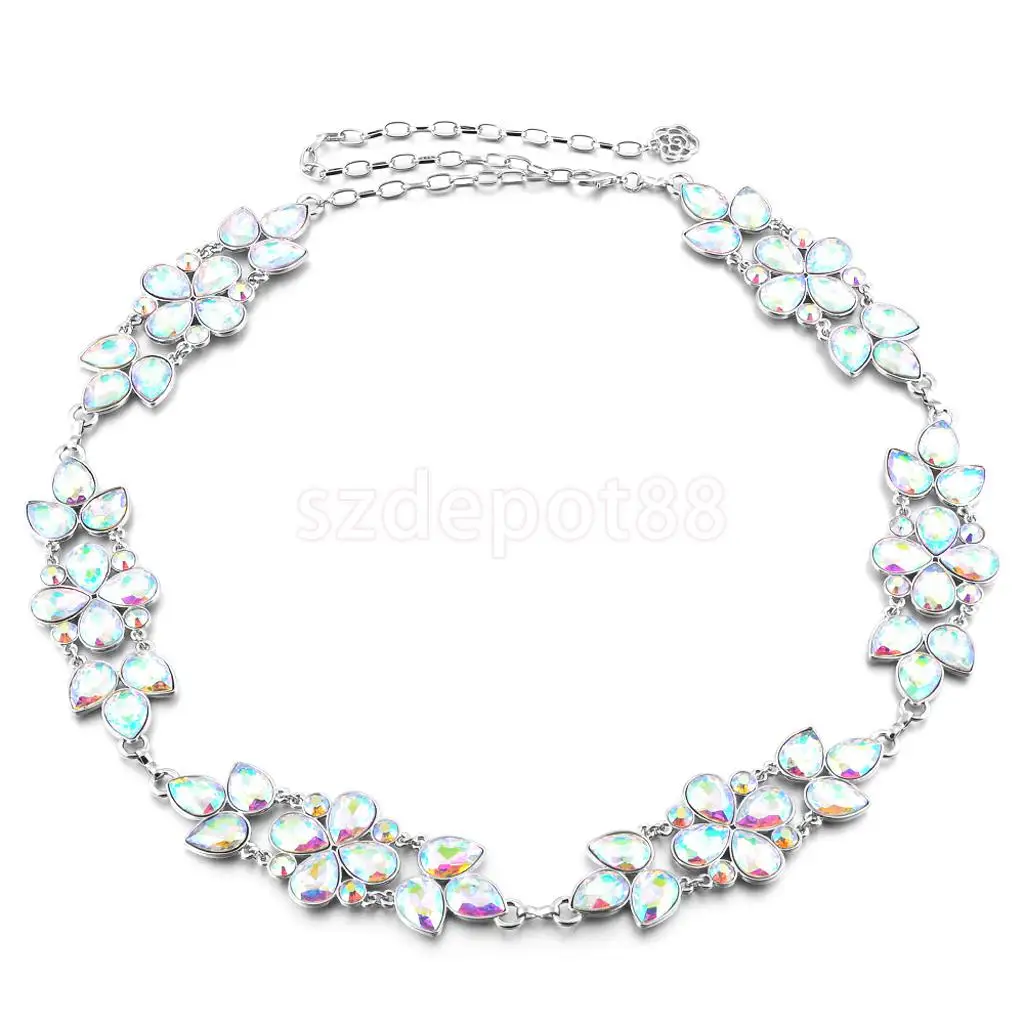 

Women Big Flower Colorful Crystal Rhinestone Metal Waist Chain Belt Luxury Diamante for Evening Party Dress