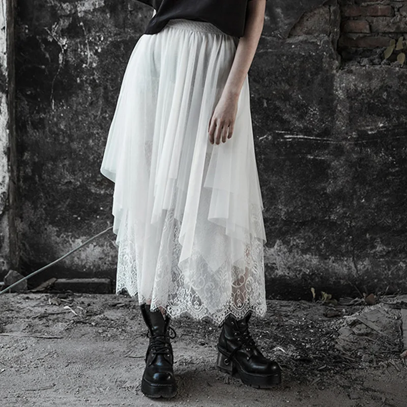 

PUNK RAVE Women Lace Sexy Skirts Fashion Solid Casual Hollow Out Summer Skirt Elegant White Club Party Punk Skirts