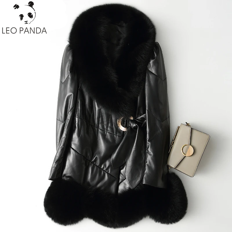 

Winter New Women sheepskin overcoat Fox Fur Collar medium-long slim outerwear leather down coat genuine leather female clothing