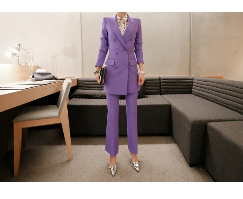 Женский комплект 2 шт., осень, красный, фиолетовый, длинный рукав, отложной воротник, повседневный костюм, топ и длинные штаны для деловой женщины, комплект из двух предметов