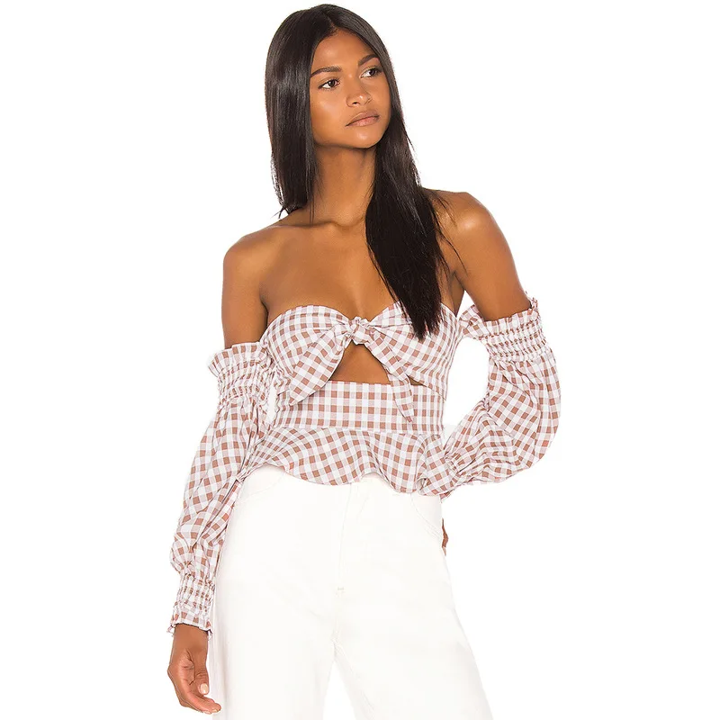 Cryptographic Fashion Slash neck Plaid Female Tops Strapless Backless Streetwear Bow Sexy Clothing For Women Autumn 2019 New
