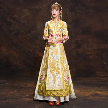 

Noble Gold Slim Ladies Marrigae Gift Royal Vintage Princess Wedding Trailing Dress Chinese Style Embroidery Phoenix Cheongsam