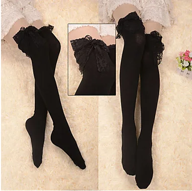 

Black Lace Trim Cotton Gothic Lolita Over Knee Socks 3pack