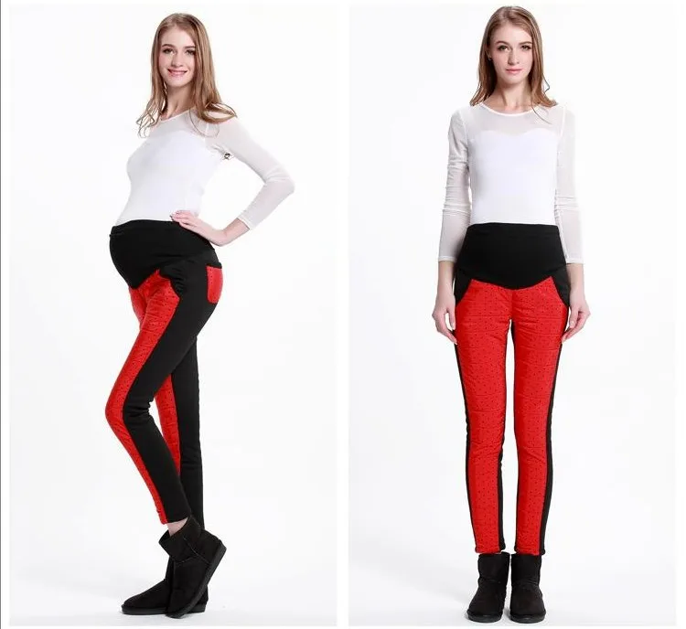 Плюс размеры Брюки для беременных зима для женщин высокая талия утолщаются подпушка брюки для девочек эластичность теплые беременных легки - Цвет: Красный