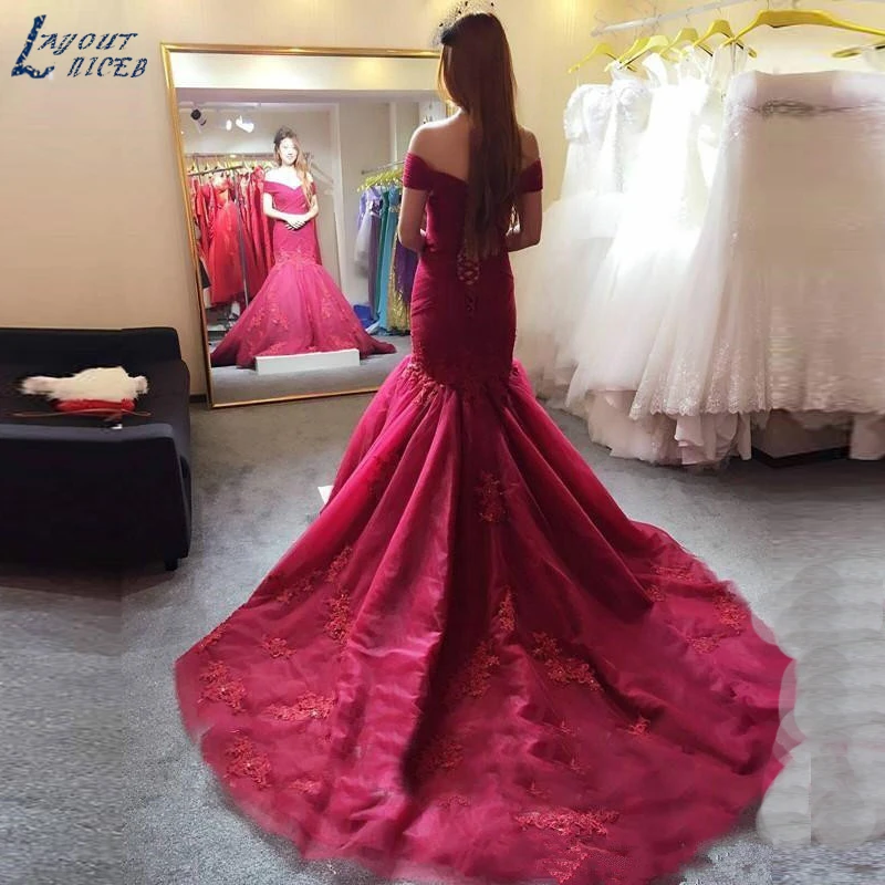 

2018 Modest Burgundy Mermaid Evening Dresses Off Shoulder Beads Applique Formal Evening Party Gowns Court Train Pageant