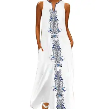 

Female Fashion Bohemian Sleeveless V -cut Summer Party Beach Women Casual Lose Retro Floral Print Long Maxi Dress Vestidos