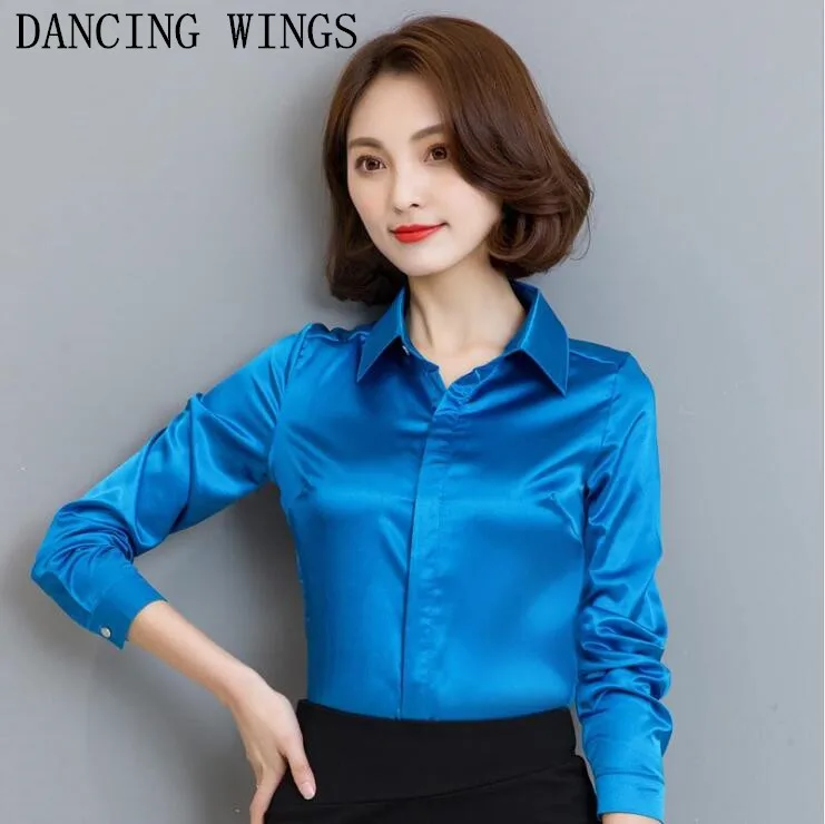 

Spring Summer Elegant Stain Shirts Female Long Sleeve Blouse Ladies Office OL Style Shirts Blusas Women Tops