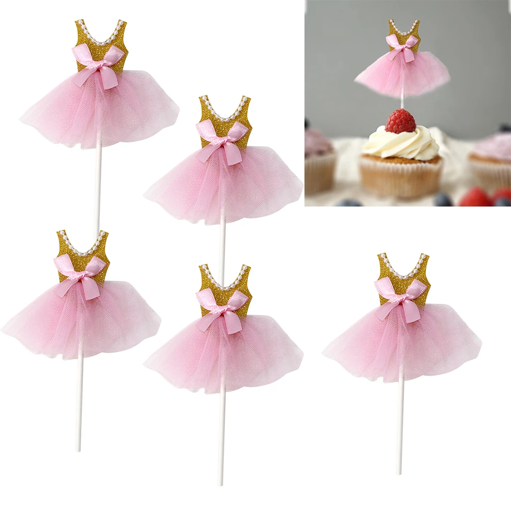 

5Pcs Bling Bling Ballerina Skirt Princess Tutus Dress Cake Toppers Cake Accessories Cupcake Picks for Girls Birthday Theme Party