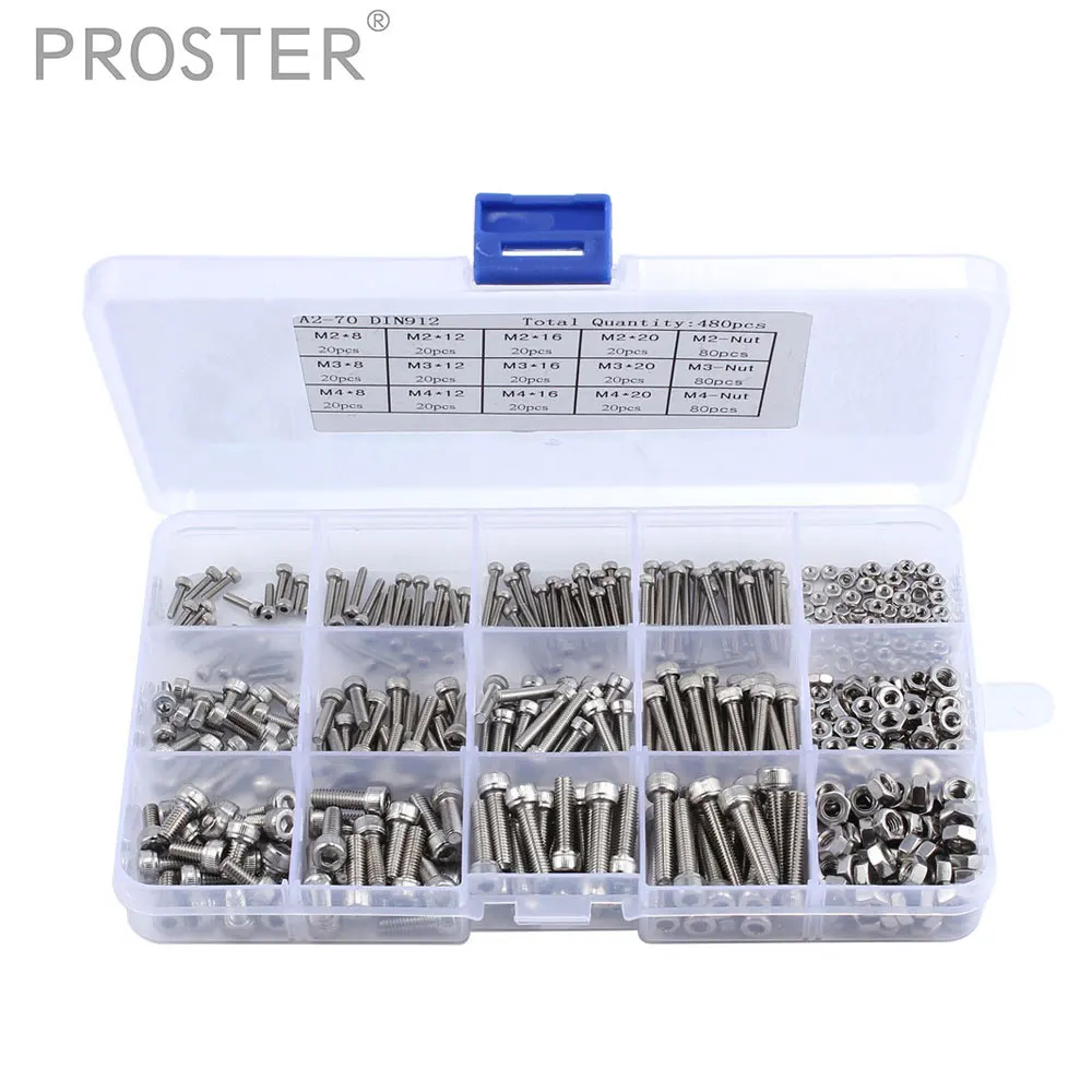 

PROSTER 480pcs M2 M3 M4 304 Stainless Steel Hex Socket Head Cap Screws Nut Set Kit With Box Machine Screw and Nut Kit
