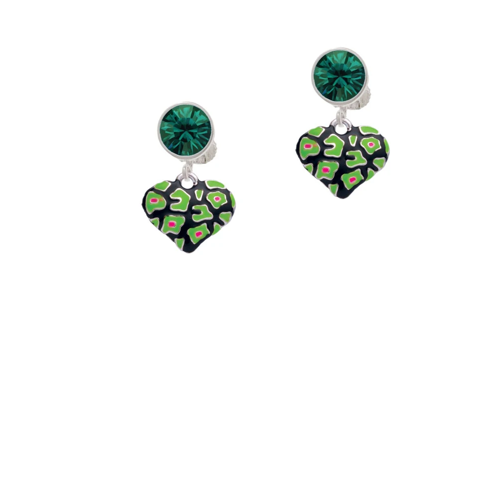 Lime Green Cheetah Print Heart Crystal Clip On Earrings (5)