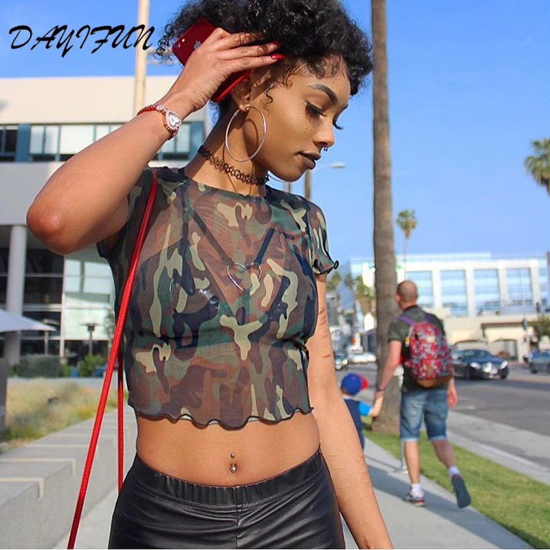 

DAYIFUN Short Sleeve Mesh Tshirt For Women Camouflage Print Tunic Perspective Crop Top Camisa Feminina Slim Cropped Blusas Y068