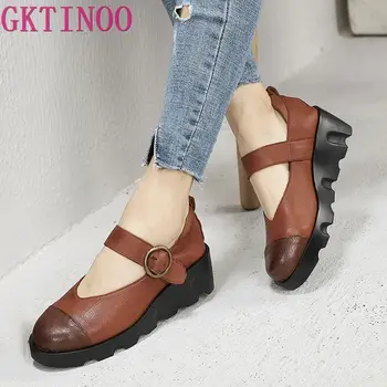 

GKTINOO Original Spring Summer 2019 New Wedges Heels Genuine Leather Women Shoes Retro High Heel Buckle Strap Shoes