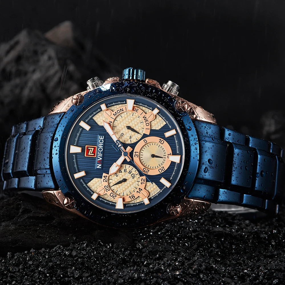 Топ бренд NAVIFORCE роскошные часы мужские модные спортивные кварцевые часы полностью стальные водонепроницаемые часы Relogio Masculino Синий Золотой