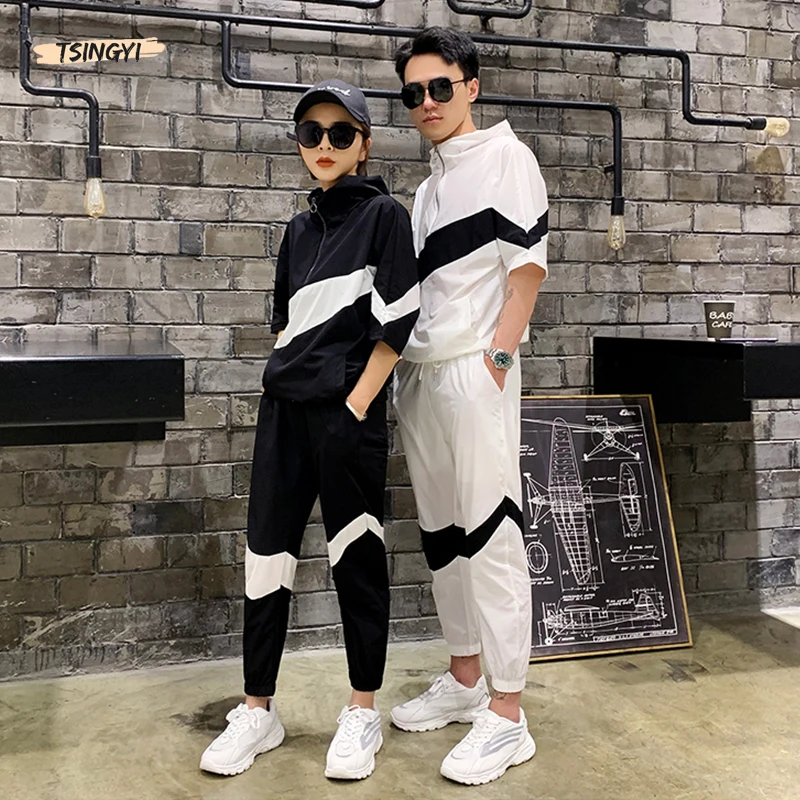 

Tsingyi Summer Spliced Half Sleeve Shirts+Ankle-length pants 2pcs Sets Tracksuit Men Women Couples web celebrity Streetwear Sets